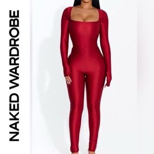 Naked Wardrobe ♥️Squared Away Long Sleeve Sleek Bodysuit  Red NWT~ small 🥀